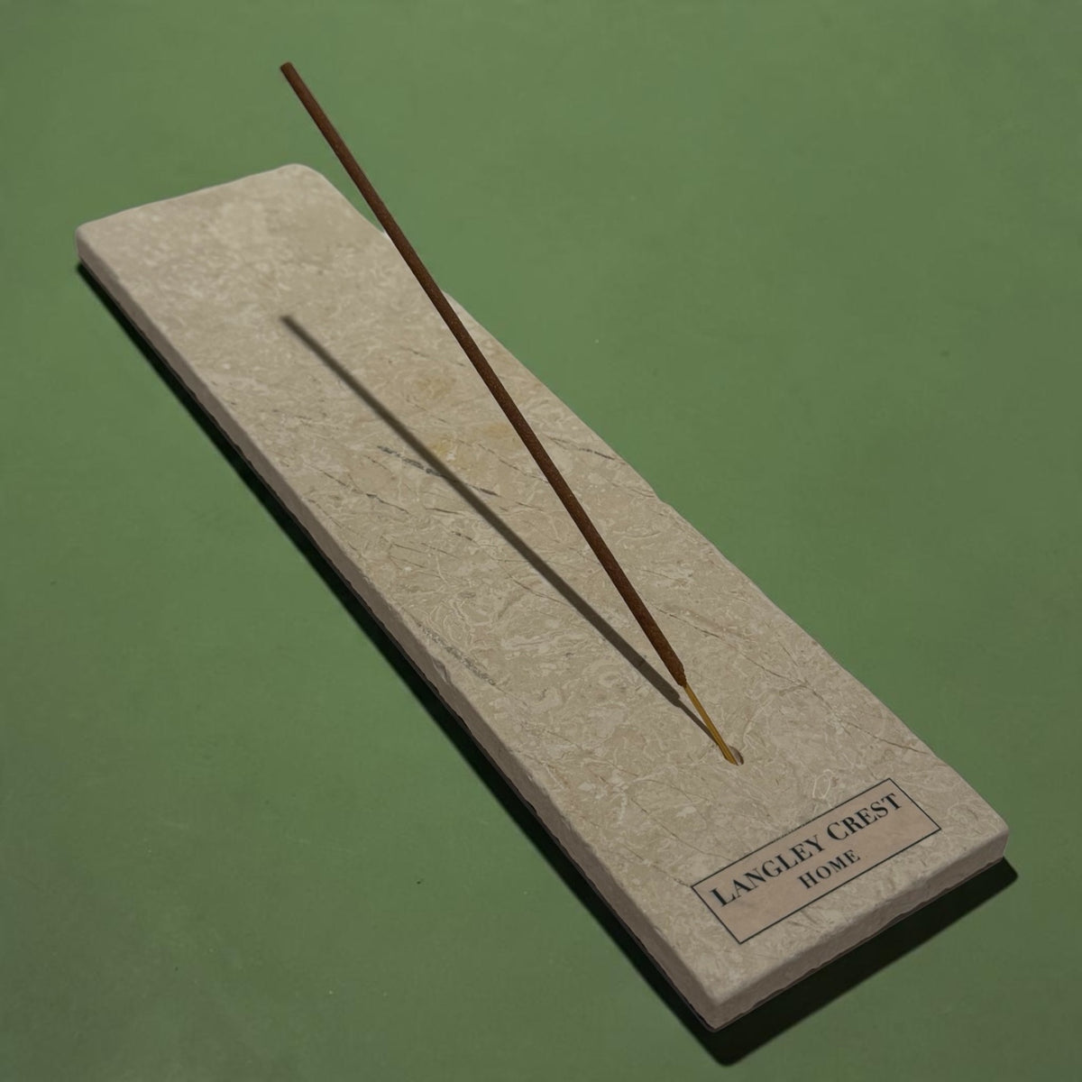 Antico Marble incense burner, long tumbled beige marble slab holding one incense stick