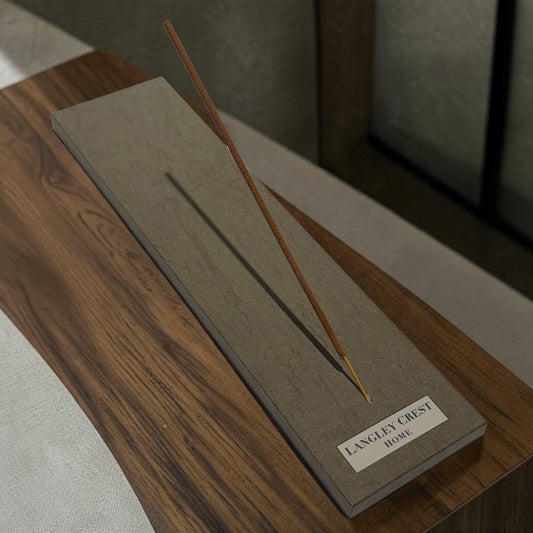 Mocha Marble incense burner, long honed brown marble slab with natural veining holding one incense stick