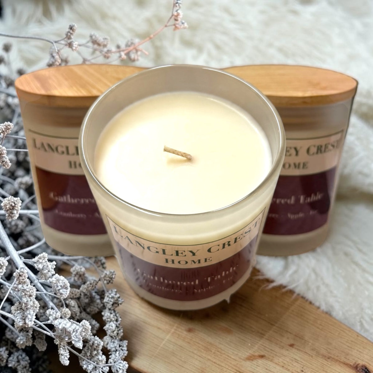 The Mantel Gift, 14 oz hand-poured apricot-coconut wax candles in frosted glass for client gifts