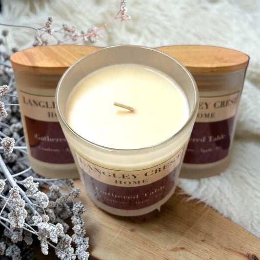 The Mantel Gift, 14 oz hand-poured apricot-coconut wax candles in frosted glass for client gifts